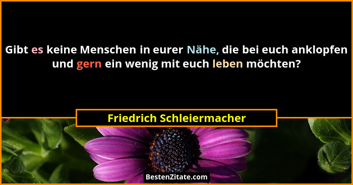 Gibt es keine Menschen in eurer Nähe, die bei euch anklopfen und gern ein wenig mit euch leben möchten?... - Friedrich Schleiermacher