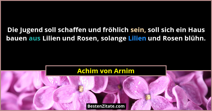 Die Jugend soll schaffen und fröhlich sein, soll sich ein Haus bauen aus Lilien und Rosen, solange Lilien und Rosen blühn.... - Achim von Arnim
