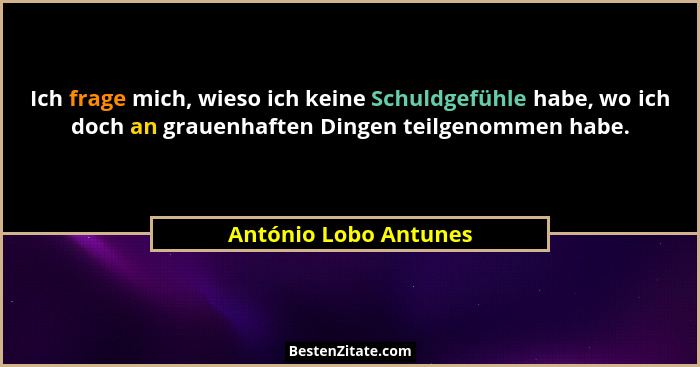 Ich frage mich, wieso ich keine Schuldgefühle habe, wo ich doch an grauenhaften Dingen teilgenommen habe.... - António Lobo Antunes