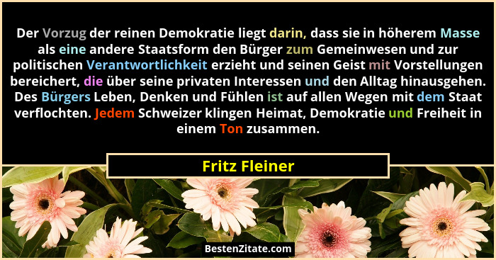 Der Vorzug der reinen Demokratie liegt darin, dass sie in höherem Masse als eine andere Staatsform den Bürger zum Gemeinwesen und zur... - Fritz Fleiner
