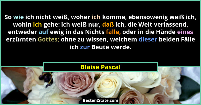 So wie ich nicht weiß, woher ich komme, ebensowenig weiß ich, wohin ich gehe: ich weiß nur, daß ich, die Welt verlassend, entweder auf... - Blaise Pascal