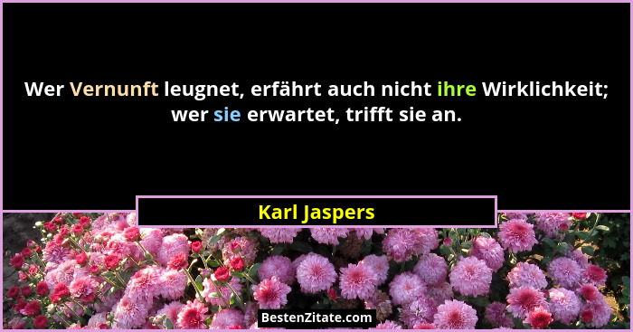 Wer Vernunft leugnet, erfährt auch nicht ihre Wirklichkeit; wer sie erwartet, trifft sie an.... - Karl Jaspers