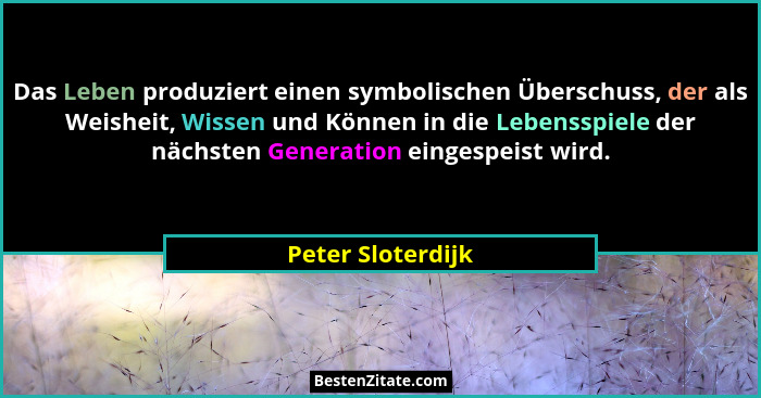 Das Leben produziert einen symbolischen Überschuss, der als Weisheit, Wissen und Können in die Lebensspiele der nächsten Generation... - Peter Sloterdijk