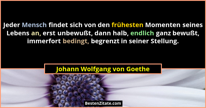 Jeder Mensch findet sich von den frühesten Momenten seines Lebens an, erst unbewußt, dann halb, endlich ganz bewußt, imme... - Johann Wolfgang von Goethe