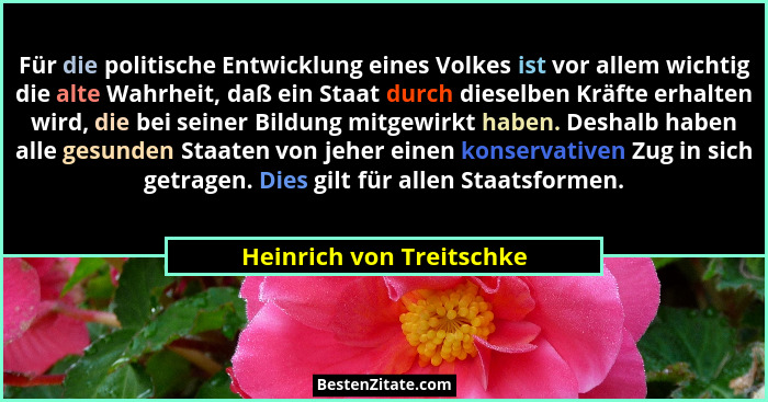 Für die politische Entwicklung eines Volkes ist vor allem wichtig die alte Wahrheit, daß ein Staat durch dieselben Kräfte er... - Heinrich von Treitschke