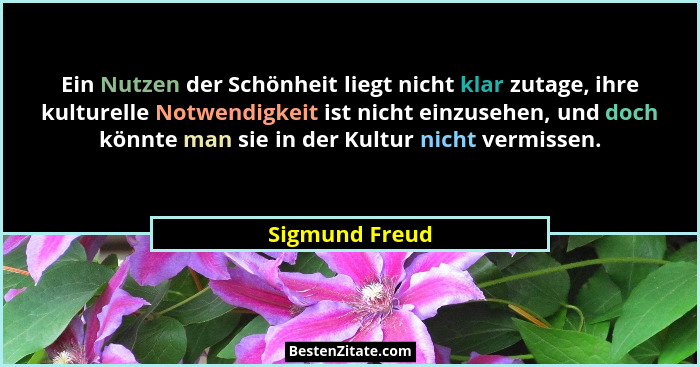 Ein Nutzen der Schönheit liegt nicht klar zutage, ihre kulturelle Notwendigkeit ist nicht einzusehen, und doch könnte man sie in der K... - Sigmund Freud