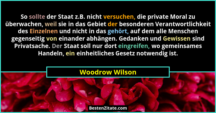 So sollte der Staat z.B. nicht versuchen, die private Moral zu überwachen, weil sie in das Gebiet der besonderen Verantwortlichkeit d... - Woodrow Wilson