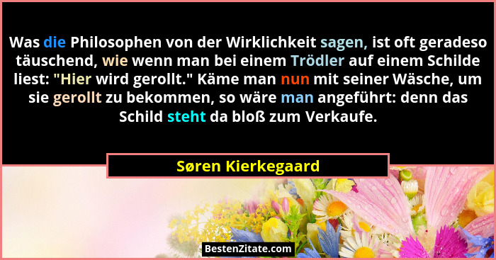 Was die Philosophen von der Wirklichkeit sagen, ist oft geradeso täuschend, wie wenn man bei einem Trödler auf einem Schilde liest... - Søren Kierkegaard