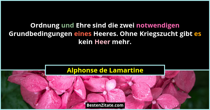 Ordnung und Ehre sind die zwei notwendigen Grundbedingungen eines Heeres. Ohne Kriegszucht gibt es kein Heer mehr.... - Alphonse de Lamartine