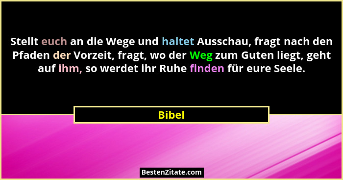 Stellt euch an die Wege und haltet Ausschau, fragt nach den Pfaden der Vorzeit, fragt, wo der Weg zum Guten liegt, geht auf ihm, so werdet ihr... - Bibel