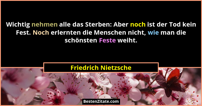 Wichtig nehmen alle das Sterben: Aber noch ist der Tod kein Fest. Noch erlernten die Menschen nicht, wie man die schönsten Feste... - Friedrich Nietzsche
