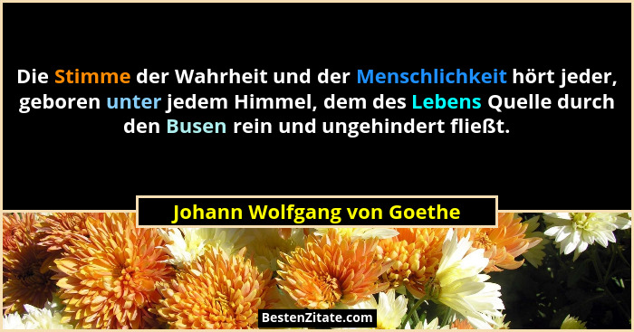 Die Stimme der Wahrheit und der Menschlichkeit hört jeder, geboren unter jedem Himmel, dem des Lebens Quelle durch den Bu... - Johann Wolfgang von Goethe