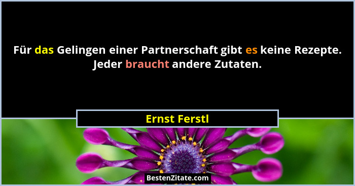 Für das Gelingen einer Partnerschaft gibt es keine Rezepte. Jeder braucht andere Zutaten.... - Ernst Ferstl