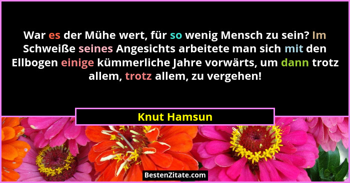 War es der Mühe wert, für so wenig Mensch zu sein? Im Schweiße seines Angesichts arbeitete man sich mit den Ellbogen einige kümmerliche... - Knut Hamsun