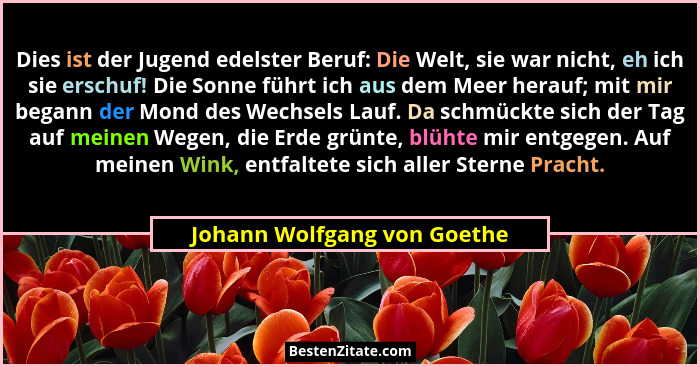 Dies ist der Jugend edelster Beruf: Die Welt, sie war nicht, eh ich sie erschuf! Die Sonne führt ich aus dem Meer herauf;... - Johann Wolfgang von Goethe