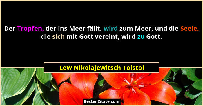 Der Tropfen, der ins Meer fällt, wird zum Meer, und die Seele, die sich mit Gott vereint, wird zu Gott.... - Lew Nikolajewitsch Tolstoi