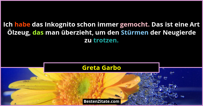 Ich habe das Inkognito schon immer gemocht. Das ist eine Art Ölzeug, das man überzieht, um den Stürmen der Neugierde zu trotzen.... - Greta Garbo