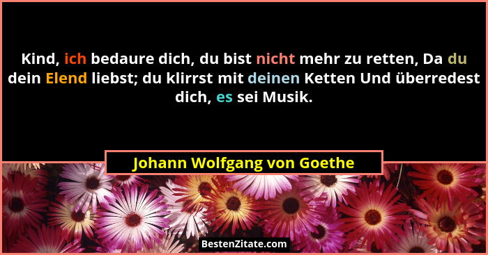 Kind, ich bedaure dich, du bist nicht mehr zu retten, Da du dein Elend liebst; du klirrst mit deinen Ketten Und überredes... - Johann Wolfgang von Goethe