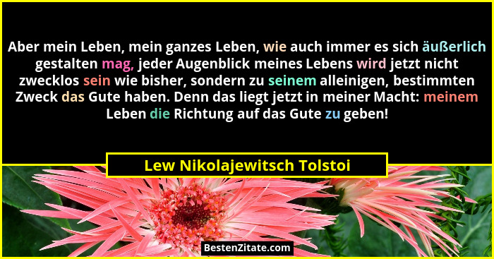 Aber mein Leben, mein ganzes Leben, wie auch immer es sich äußerlich gestalten mag, jeder Augenblick meines Lebens wird j... - Lew Nikolajewitsch Tolstoi