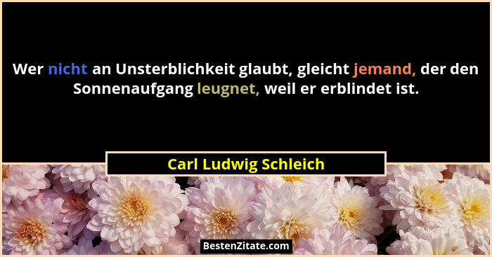 Wer nicht an Unsterblichkeit glaubt, gleicht jemand, der den Sonnenaufgang leugnet, weil er erblindet ist.... - Carl Ludwig Schleich