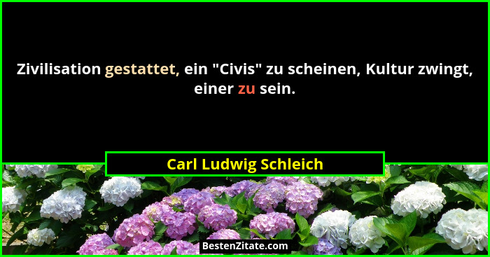 Zivilisation gestattet, ein "Civis" zu scheinen, Kultur zwingt, einer zu sein.... - Carl Ludwig Schleich