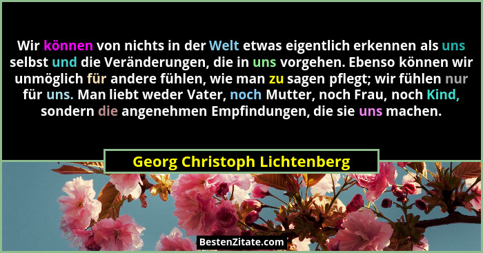Wir können von nichts in der Welt etwas eigentlich erkennen als uns selbst und die Veränderungen, die in uns vorgehen. E... - Georg Christoph Lichtenberg