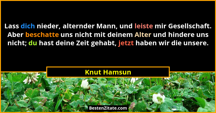 Lass dich nieder, alternder Mann, und leiste mir Gesellschaft. Aber beschatte uns nicht mit deinem Alter und hindere uns nicht; du hast... - Knut Hamsun