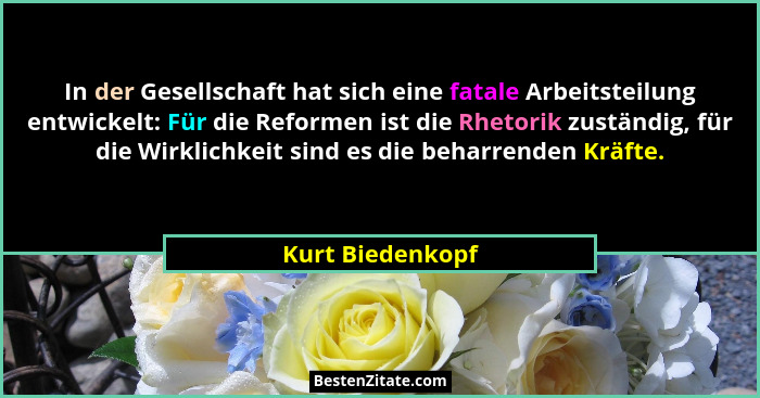 In der Gesellschaft hat sich eine fatale Arbeitsteilung entwickelt: Für die Reformen ist die Rhetorik zuständig, für die Wirklichkei... - Kurt Biedenkopf