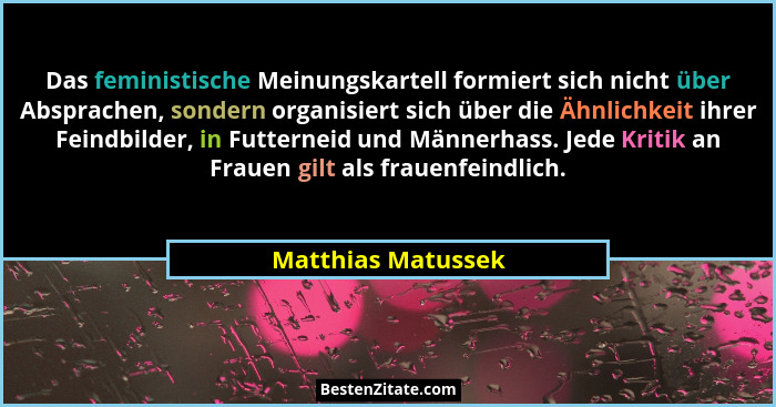 Das feministische Meinungskartell formiert sich nicht über Absprachen, sondern organisiert sich über die Ähnlichkeit ihrer Feindbi... - Matthias Matussek