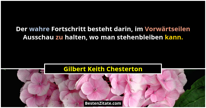 Der wahre Fortschritt besteht darin, im Vorwärtseilen Ausschau zu halten, wo man stehenbleiben kann.... - Gilbert Keith Chesterton