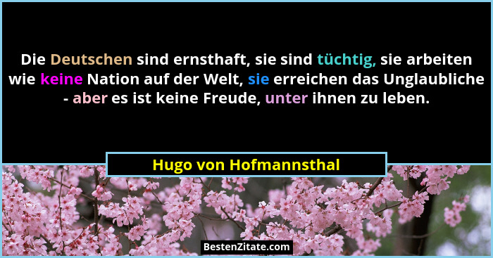 Die Deutschen sind ernsthaft, sie sind tüchtig, sie arbeiten wie keine Nation auf der Welt, sie erreichen das Unglaubliche - a... - Hugo von Hofmannsthal