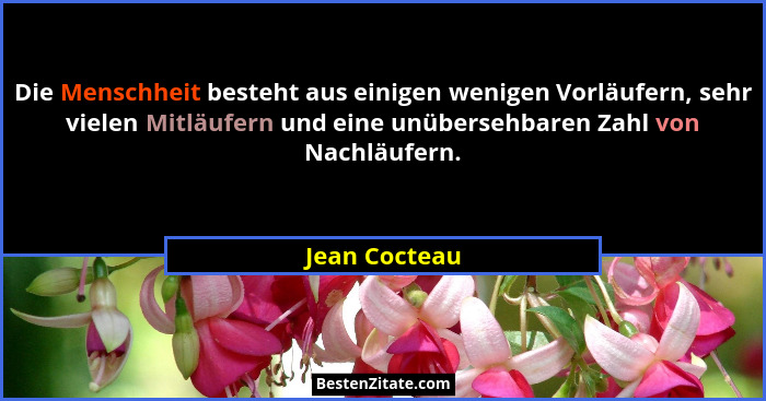 Die Menschheit besteht aus einigen wenigen Vorläufern, sehr vielen Mitläufern und eine unübersehbaren Zahl von Nachläufern.... - Jean Cocteau