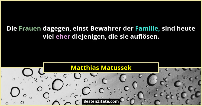Die Frauen dagegen, einst Bewahrer der Familie, sind heute viel eher diejenigen, die sie auflösen.... - Matthias Matussek