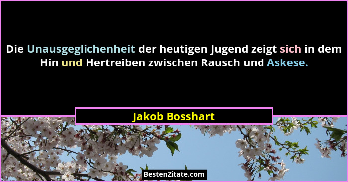 Die Unausgeglichenheit der heutigen Jugend zeigt sich in dem Hin und Hertreiben zwischen Rausch und Askese.... - Jakob Bosshart