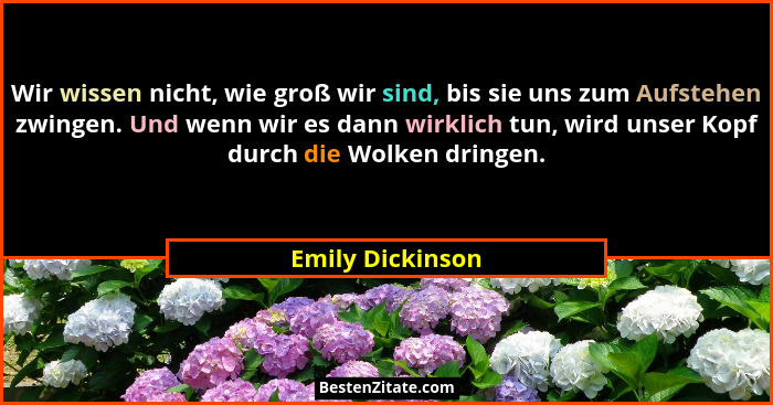 Wir wissen nicht, wie groß wir sind, bis sie uns zum Aufstehen zwingen. Und wenn wir es dann wirklich tun, wird unser Kopf durch die... - Emily Dickinson