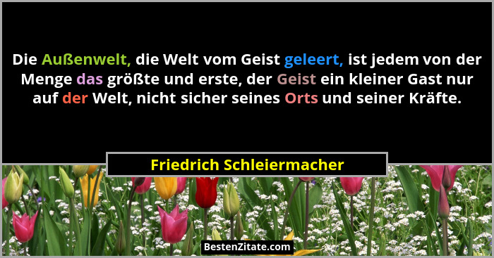 Die Außenwelt, die Welt vom Geist geleert, ist jedem von der Menge das größte und erste, der Geist ein kleiner Gast nur auf... - Friedrich Schleiermacher