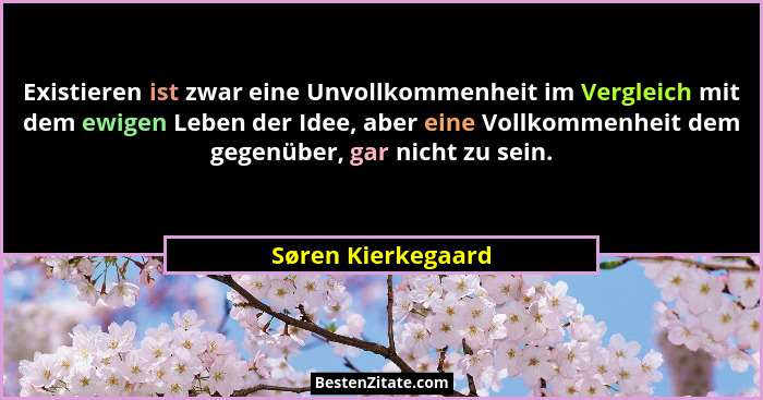 Existieren ist zwar eine Unvollkommenheit im Vergleich mit dem ewigen Leben der Idee, aber eine Vollkommenheit dem gegenüber, gar... - Søren Kierkegaard