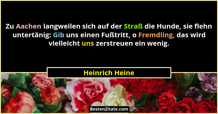 Zu Aachen langweilen sich auf der Straß die Hunde, sie flehn untertänig: Gib uns einen Fußtritt, o Fremdling, das wird vielleicht uns... - Heinrich Heine