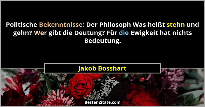 Politische Bekenntnisse: Der Philosoph Was heißt stehn und gehn? Wer gibt die Deutung? Für die Ewigkeit hat nichts Bedeutung.... - Jakob Bosshart