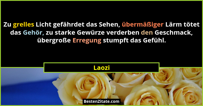 Zu grelles Licht gefährdet das Sehen, übermäßiger Lärm tötet das Gehör, zu starke Gewürze verderben den Geschmack, übergroße Erregung stumpft... - Laozi