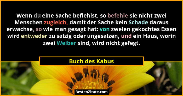 Wenn du eine Sache befiehlst, so befehle sie nicht zwei Menschen zugleich, damit der Sache kein Schade daraus erwachse, so wie man ge... - Buch des Kabus