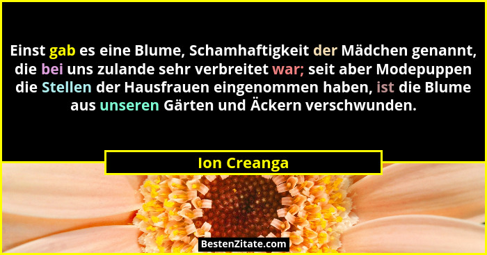 Einst gab es eine Blume, Schamhaftigkeit der Mädchen genannt, die bei uns zulande sehr verbreitet war; seit aber Modepuppen die Stellen... - Ion Creanga