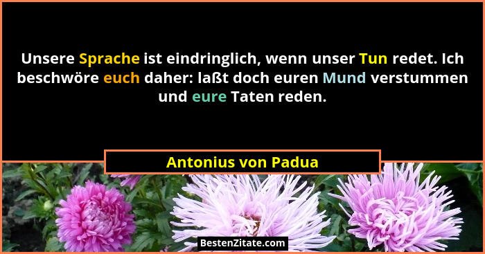 Unsere Sprache ist eindringlich, wenn unser Tun redet. Ich beschwöre euch daher: laßt doch euren Mund verstummen und eure Taten r... - Antonius von Padua