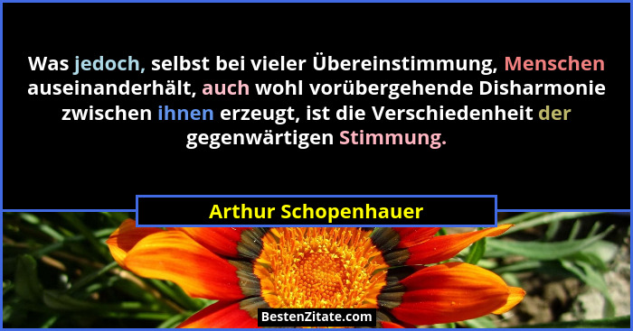 Was jedoch, selbst bei vieler Übereinstimmung, Menschen auseinanderhält, auch wohl vorübergehende Disharmonie zwischen ihnen erz... - Arthur Schopenhauer