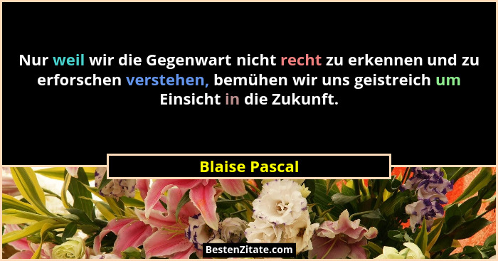 Nur weil wir die Gegenwart nicht recht zu erkennen und zu erforschen verstehen, bemühen wir uns geistreich um Einsicht in die Zukunft.... - Blaise Pascal
