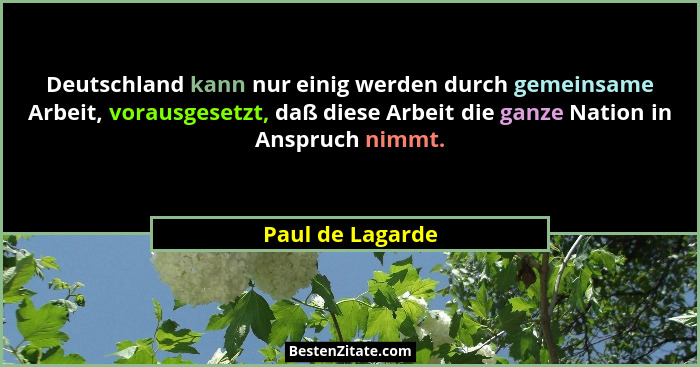 Deutschland kann nur einig werden durch gemeinsame Arbeit, vorausgesetzt, daß diese Arbeit die ganze Nation in Anspruch nimmt.... - Paul de Lagarde