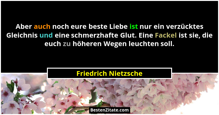 Aber auch noch eure beste Liebe ist nur ein verzücktes Gleichnis und eine schmerzhafte Glut. Eine Fackel ist sie, die euch zu hö... - Friedrich Nietzsche