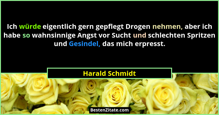 Ich würde eigentlich gern gepflegt Drogen nehmen, aber ich habe so wahnsinnige Angst vor Sucht und schlechten Spritzen und Gesindel,... - Harald Schmidt