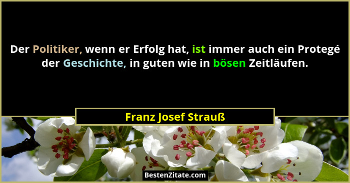 Der Politiker, wenn er Erfolg hat, ist immer auch ein Protegé der Geschichte, in guten wie in bösen Zeitläufen.... - Franz Josef Strauß