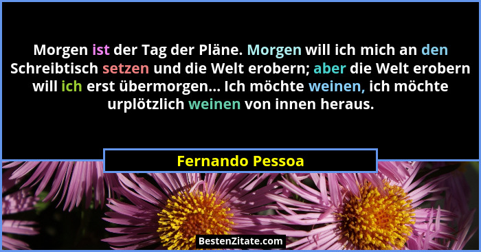 Morgen ist der Tag der Pläne. Morgen will ich mich an den Schreibtisch setzen und die Welt erobern; aber die Welt erobern will ich e... - Fernando Pessoa